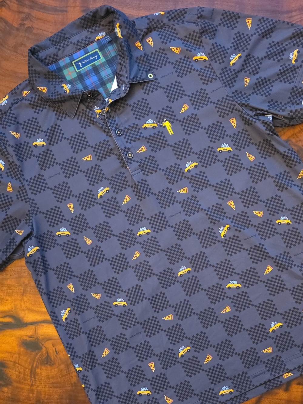 William Murray Golf Black Polo with Yellow Taxi & Pizza Icons